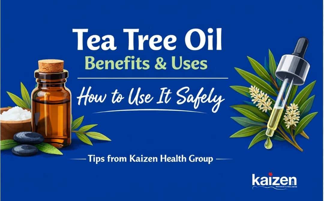 Tea tree oil bottle with leaves on blue background