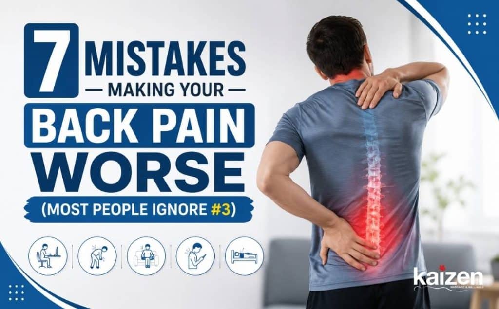 Man holding his lower back with highlighted spine pain beside text about common back pain mistakes.