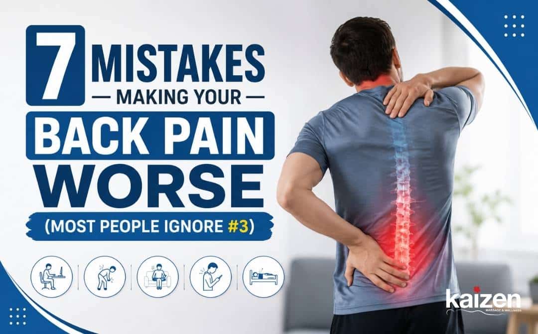 Man holding his lower back with highlighted spine pain beside text about common back pain mistakes.