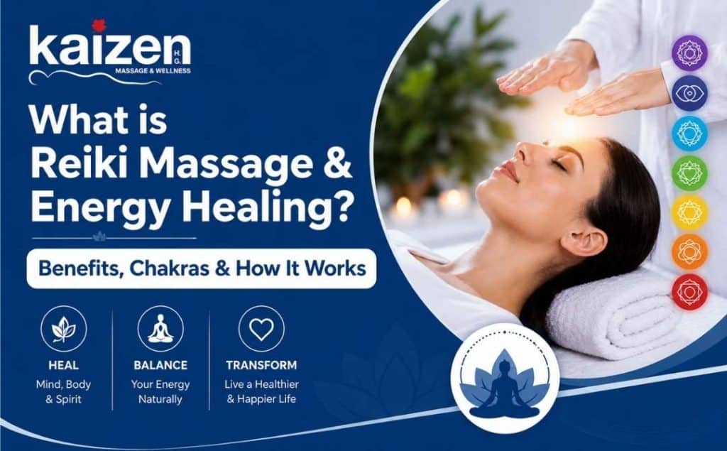 Reiki massage and energy healing therapy session with chakra balancing at Kaizen Health Group