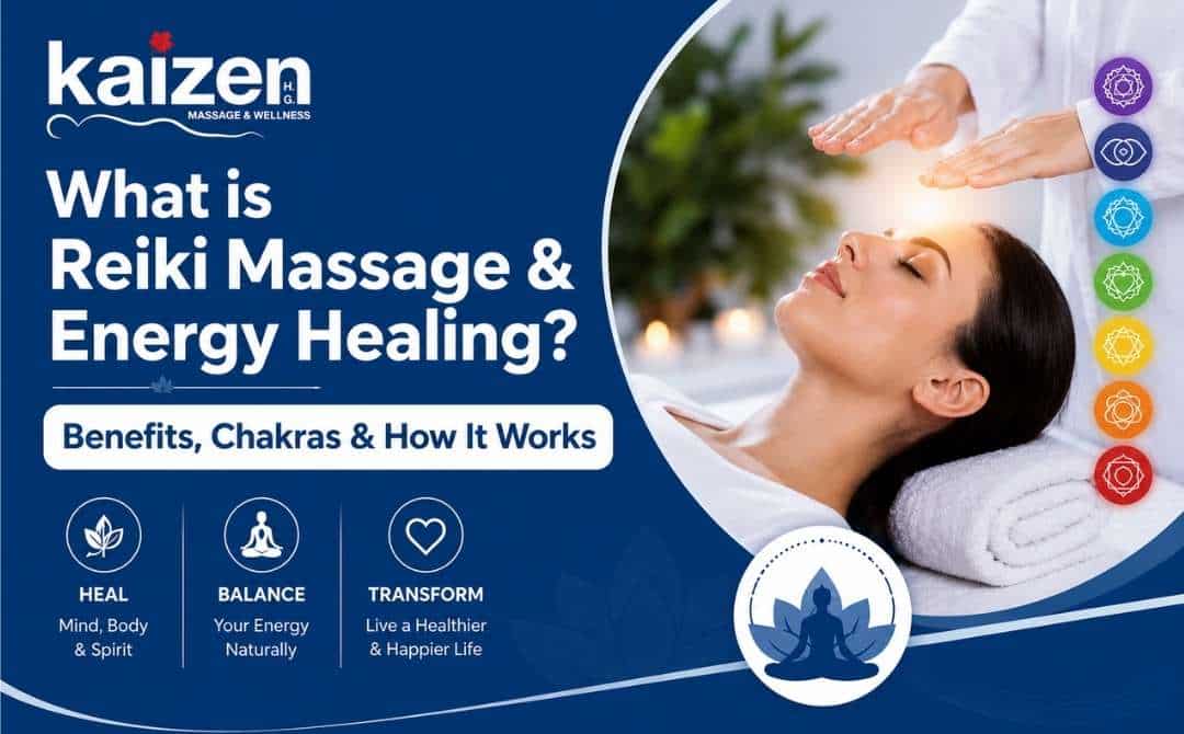 Reiki massage and energy healing therapy session with chakra balancing at Kaizen Health Group