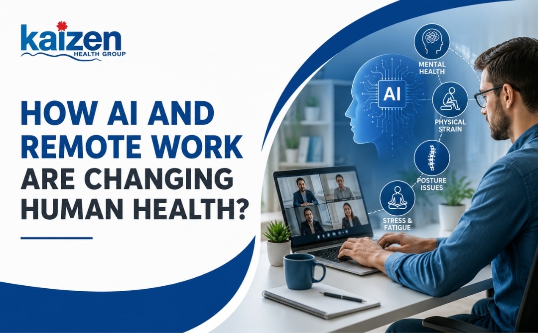 Professional working remotely with AI technology illustrating the impact of AI and remote work on human physical and mental health.