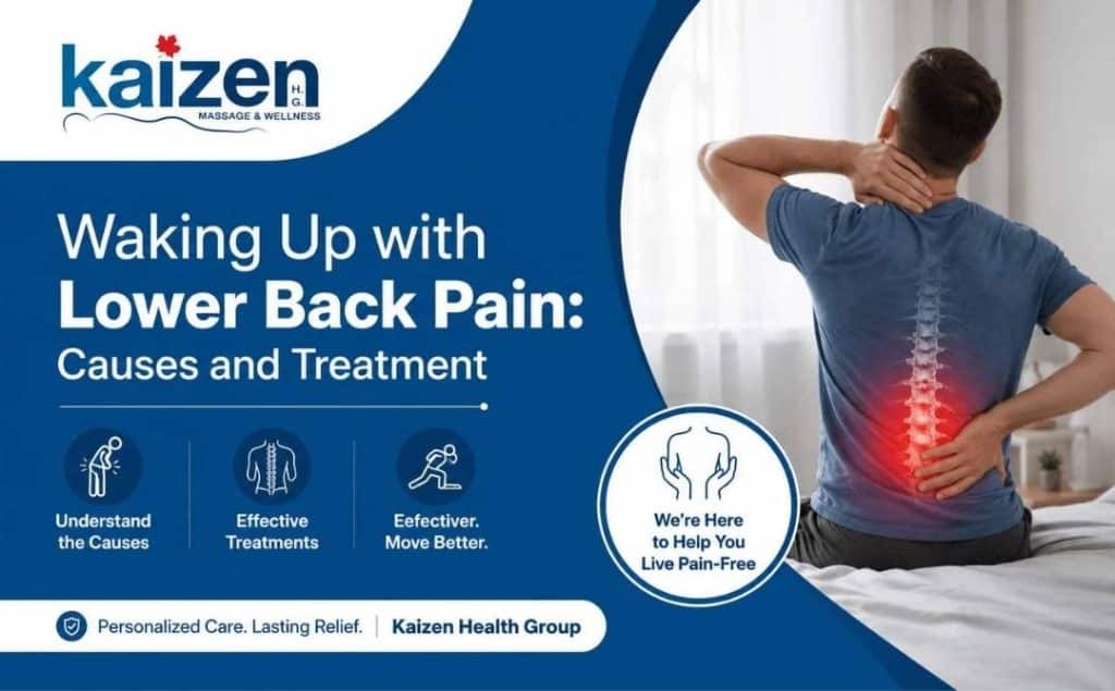 Person experiencing lower back pain after waking up with treatment tips from Kaizen Health Group