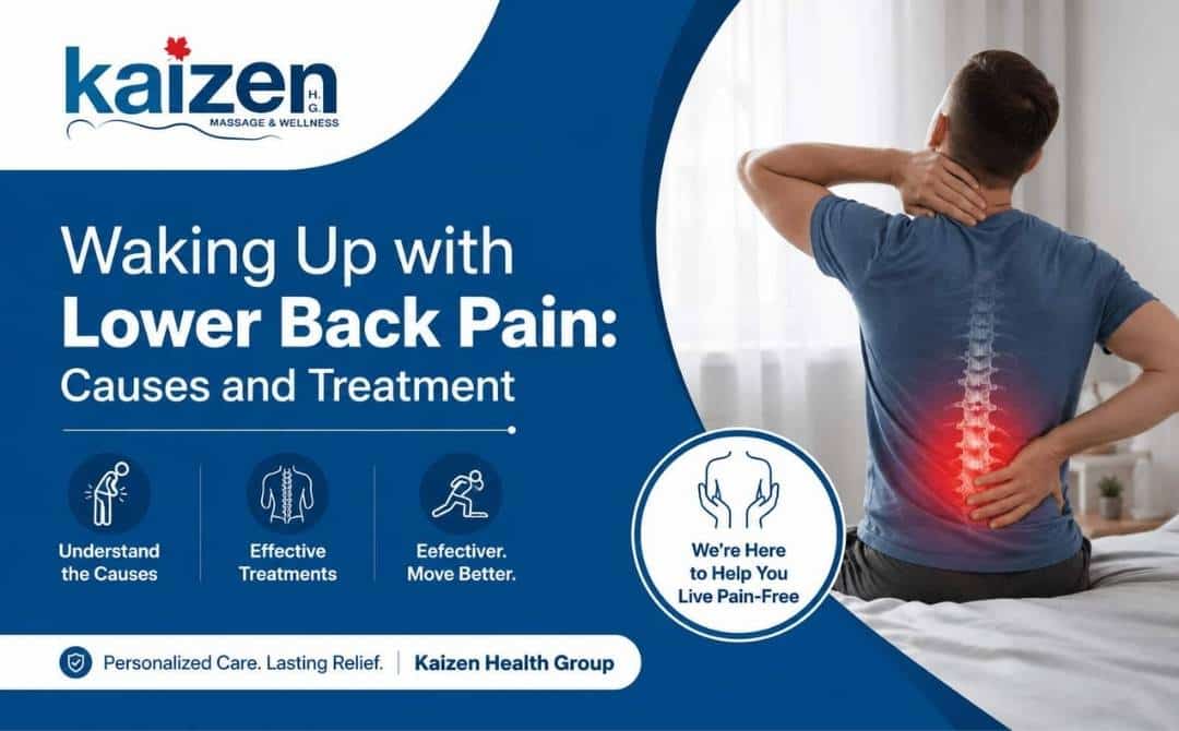 Person experiencing lower back pain after waking up with treatment tips from Kaizen Health Group
