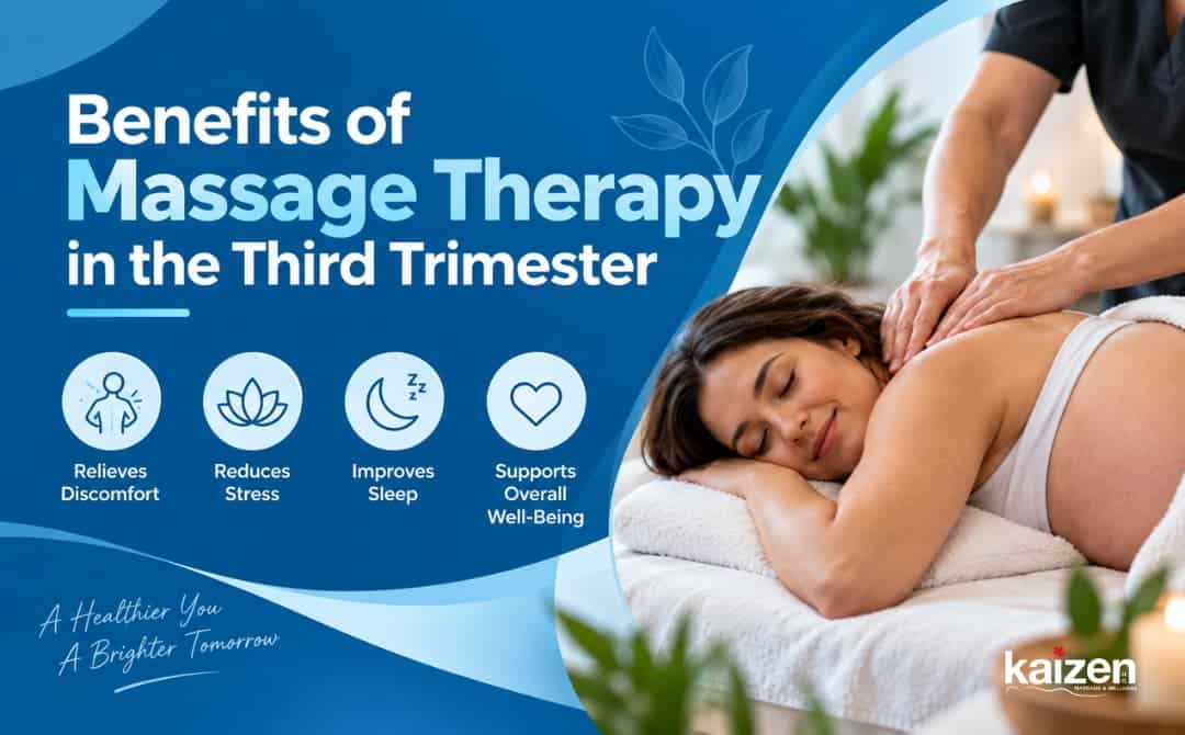 Representation of prenatal massage benefits in the third trimester, Kaizen Health Group.